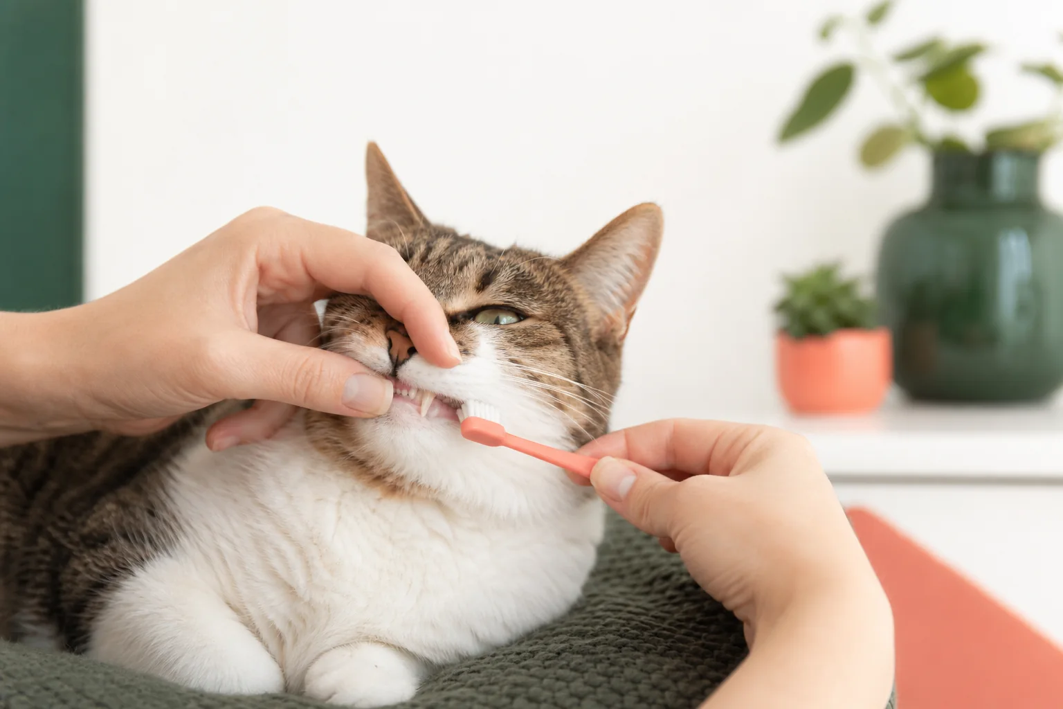 Calm cat accepting gentle brushing on the outer tooth surfaces with a small soft-bristle cat toothbrush