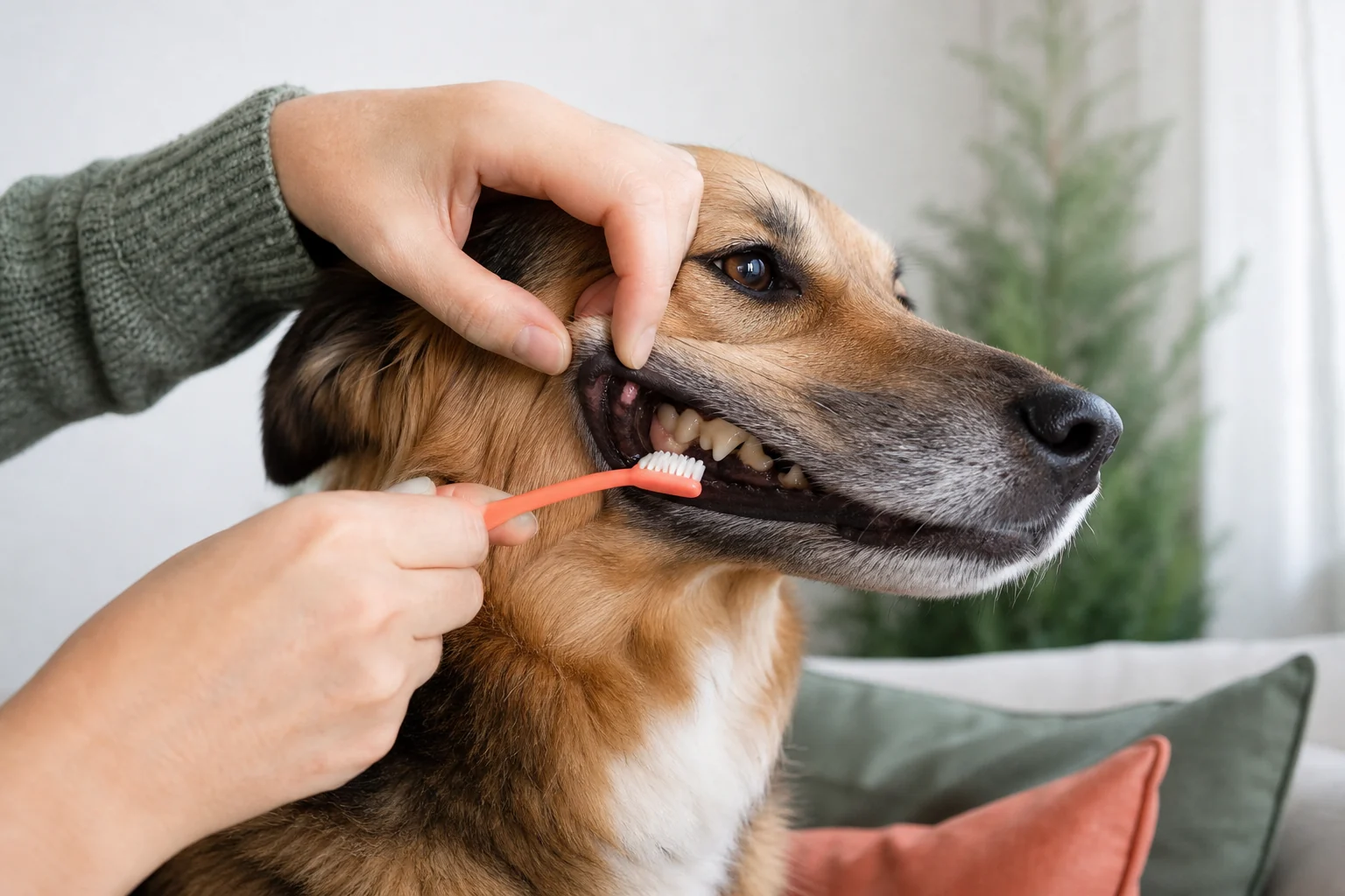 Calm dog accepting gentle brushing on the outer tooth surfaces with a soft-bristle toothbrush