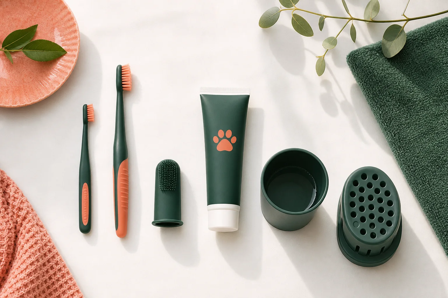 Pet dental care tools including soft-bristle toothbrushes, a finger brush, toothpaste, rinsing cup and drying holder