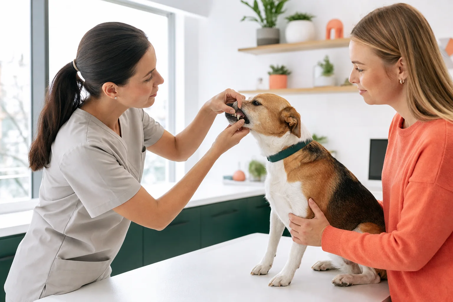 Veterinarian gently checking a calm dog’s teeth and gums while the owner provides support