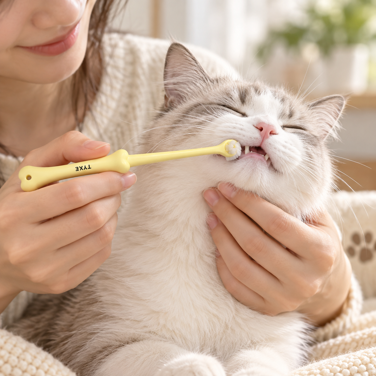 Slim Double-Head Toothbrush for Cats during a brushing routine