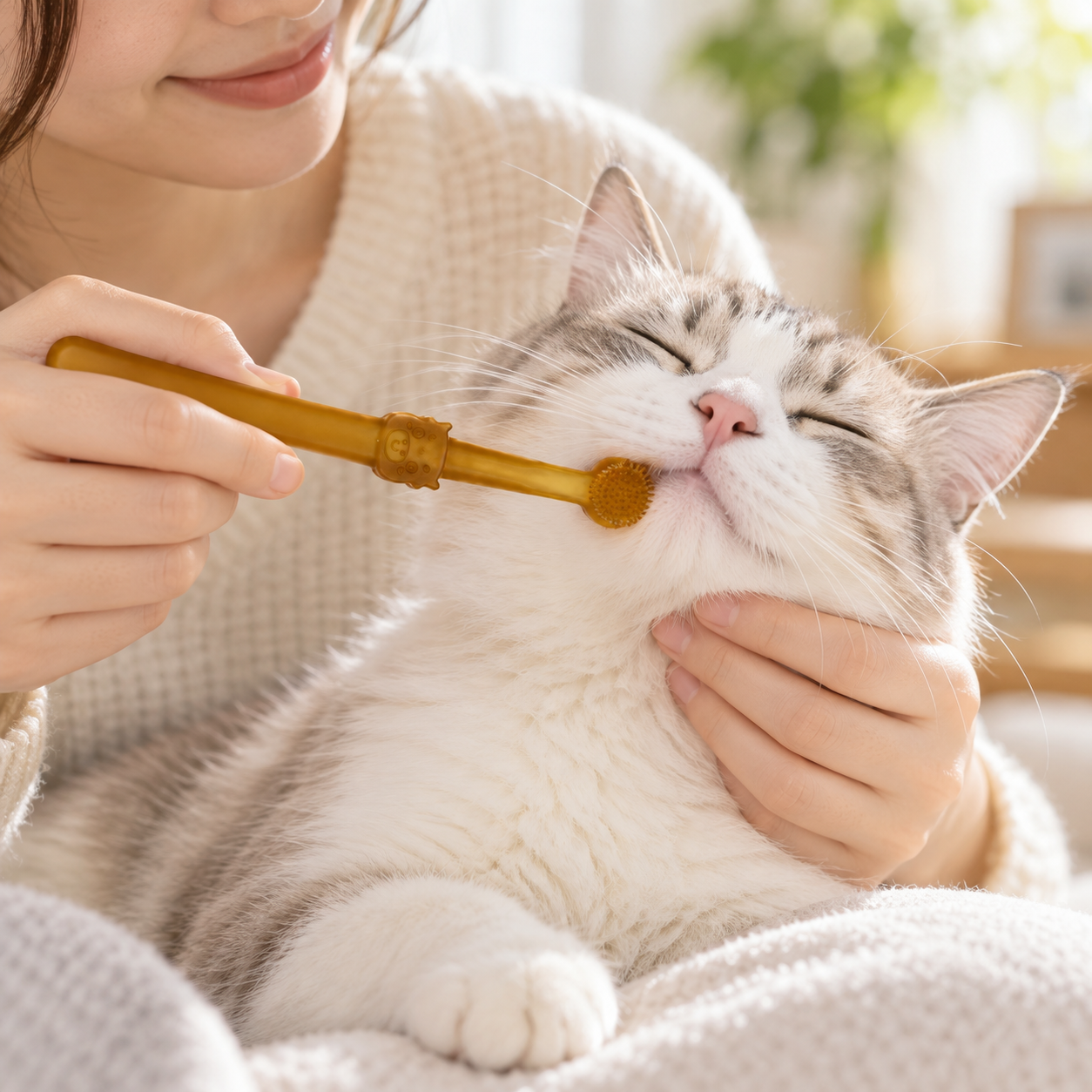 Two-Finger Cat Finger Toothbrush during a brushing routine
