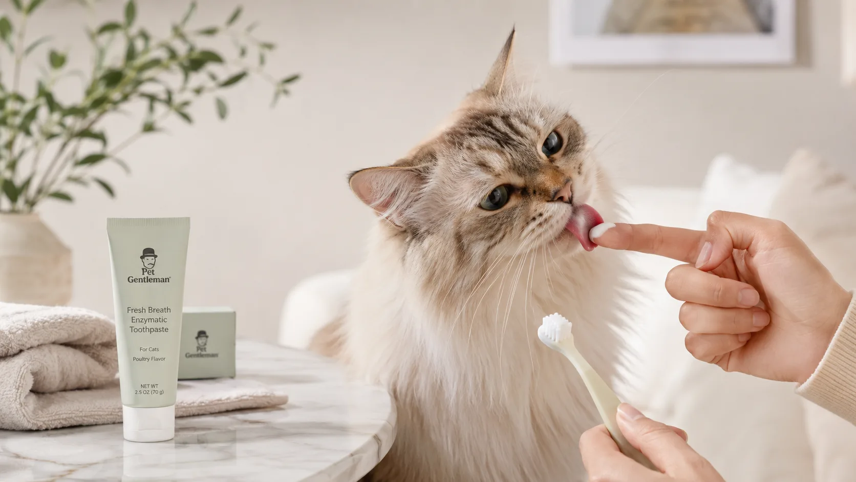 Cat tasting edible toothpaste before brushing