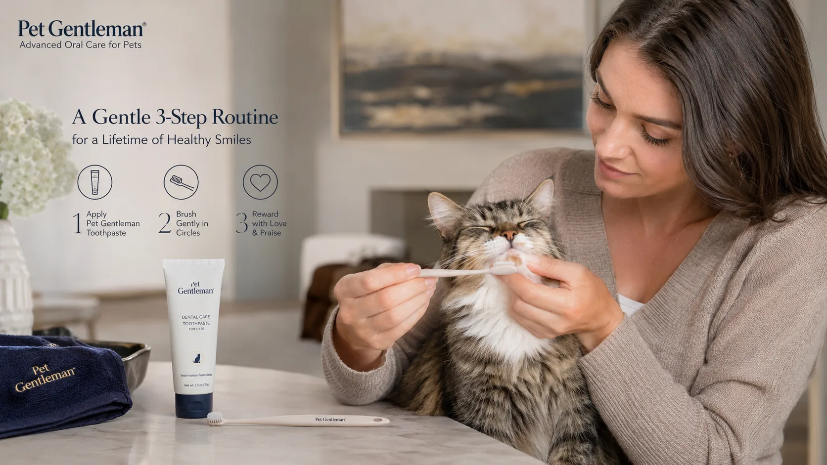Cat owner gently brushing