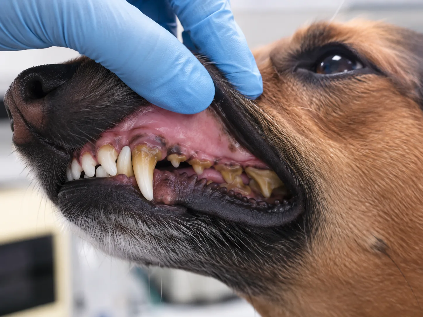 Dog teeth with moderate tartar