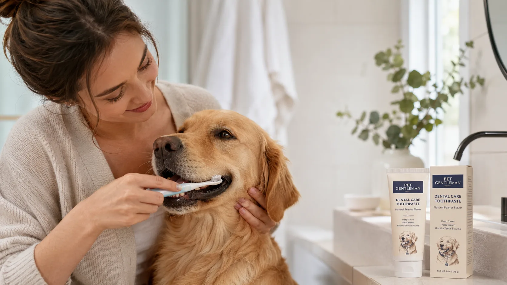 Dog owner gently brushing
