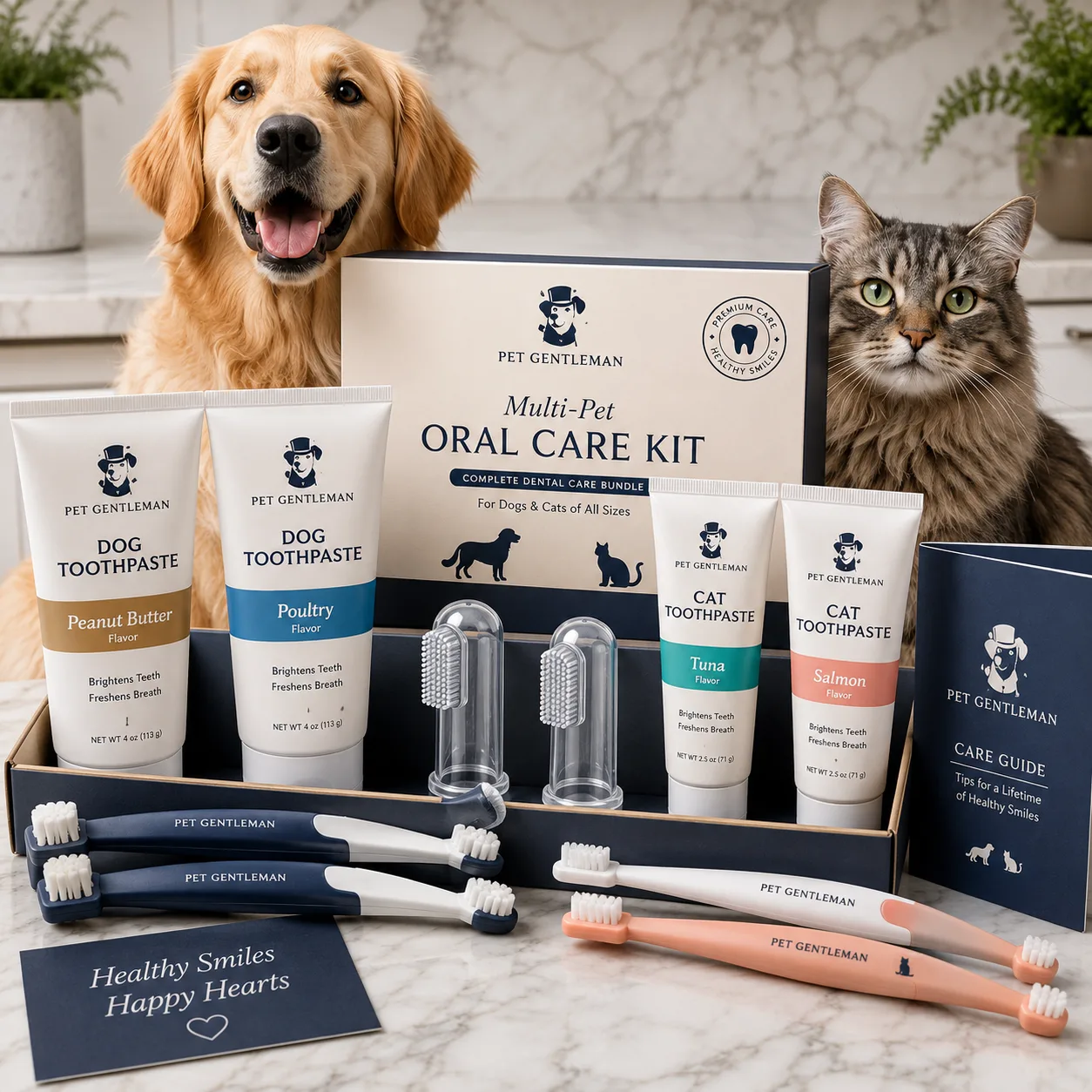 Multi-pet family oral-care starter kit with dog and cat products